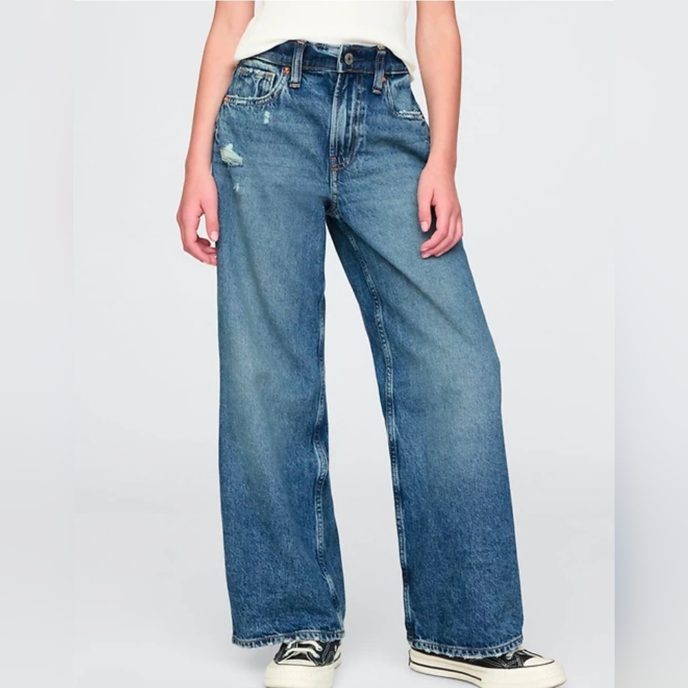 Gap Kids 100% Cotton Low Rise Wide Leg Jeans Distressed Blue Denim